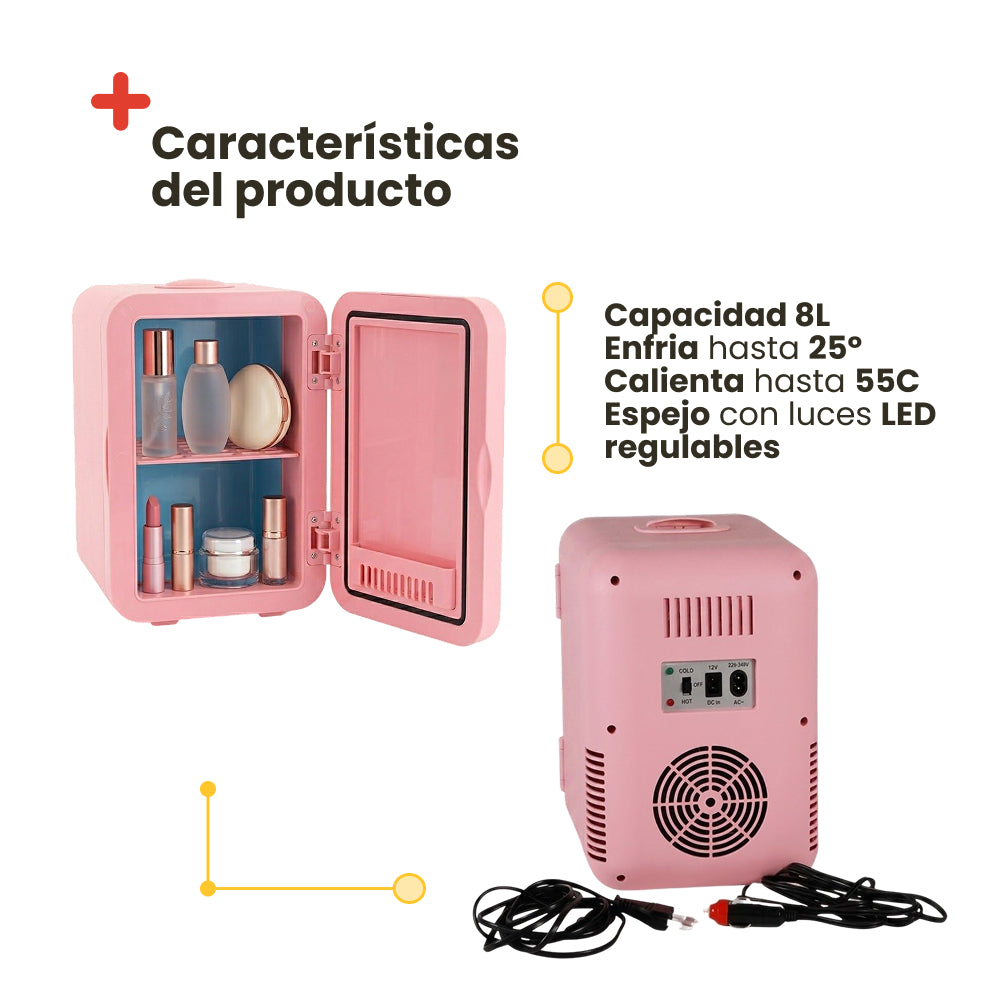 Mini réfrigérateur cosmétique rose avec miroir LED - 8 litres