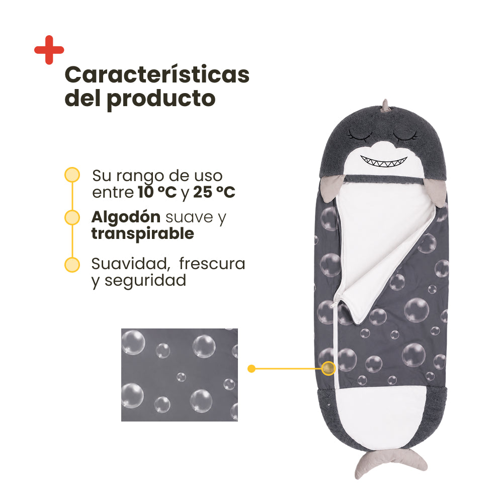 Saco de Dormir de Tiburon Infantil - Algodón 130x50 – Ligero, Cómodo y Seguro