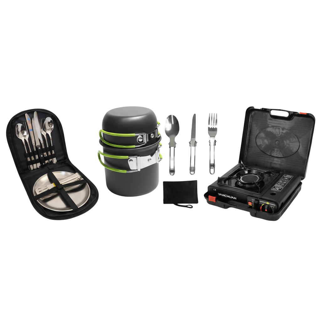 Pack de Cocina Outdoor Inuitz – Hornillo + Set de Cocina + Set de Cubiertos (3 en 1)