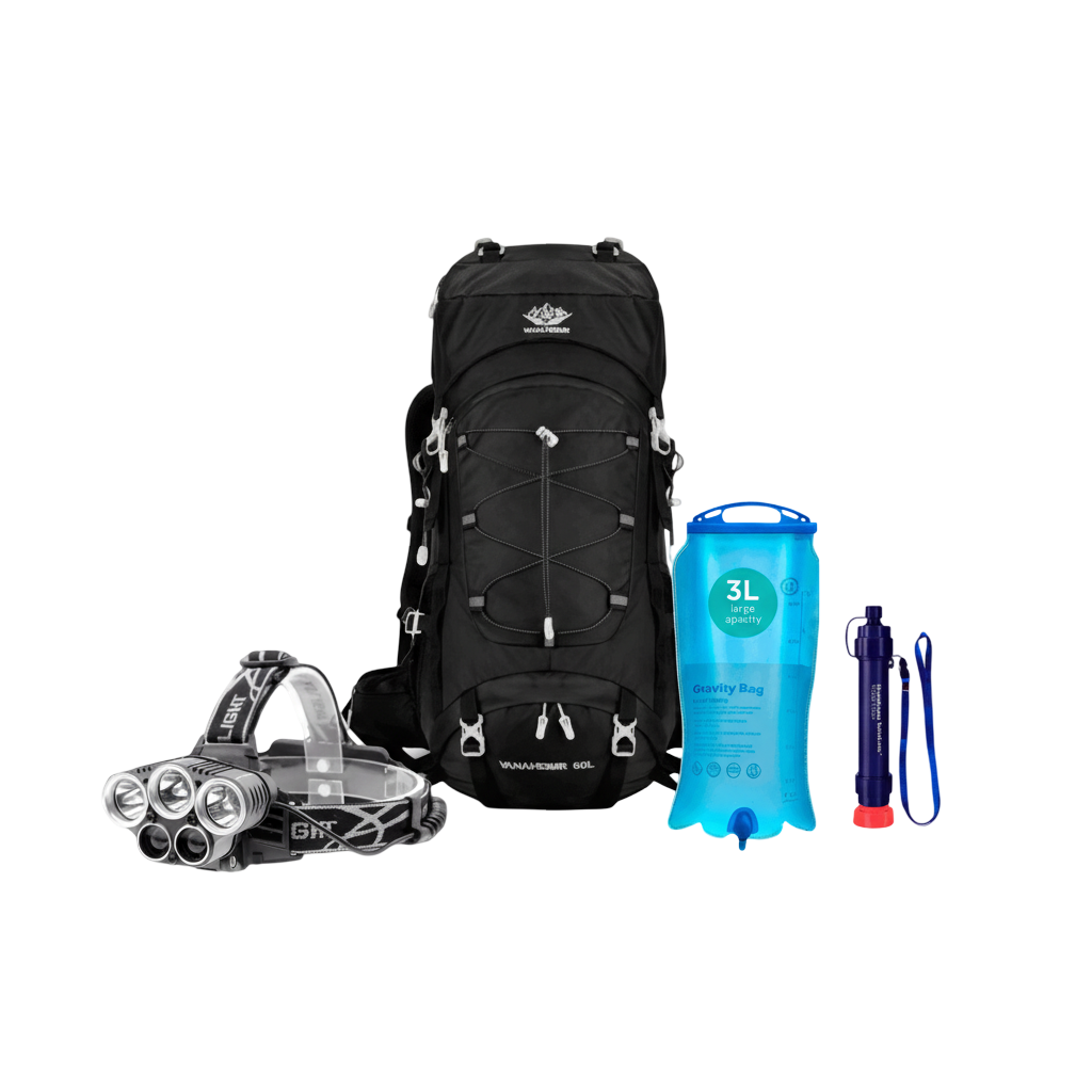 Pack Aventura Total Inuitz – Filtro de Agua + Frontal LED 20W + Mochila 36–55L