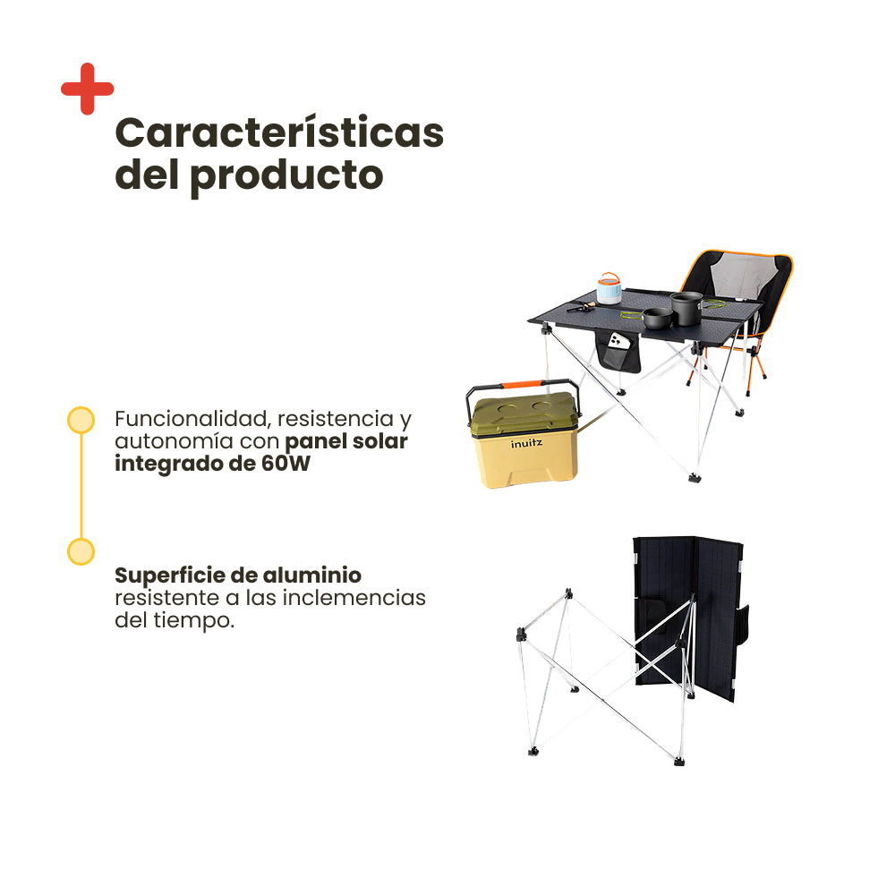 Mesa plegable portátil con panel solar. 60W