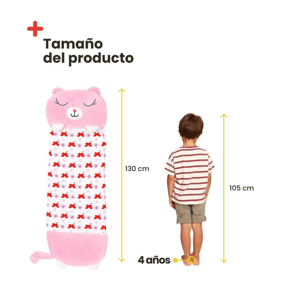 Saco de dormir infantil con diseño de gato rosa y estampado de lazos