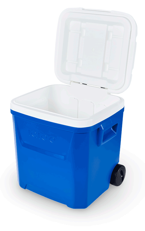 nevera con ruedas igloo 57 litros azul abierta